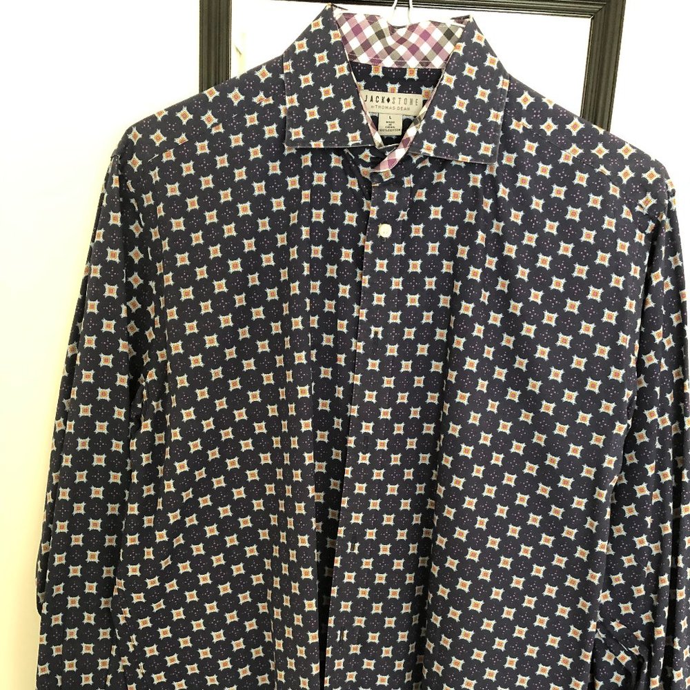 A Thomas Dean Navy w/Orange squares sport Shirt 17.5R
